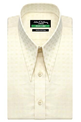 John Clothier Cream Self Checkered Dobby Classic Formal Dress Shirt Spear Long Point Dagger Revival 1970's Men's Vintage