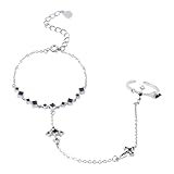 Pulsera de anillo de cruz de plata para mujer, pulsera de cadena de mano con cadena de dedo con diamantes de imitación de cristal negro, pulsera de eslabones esclavos, dije de cruz, ajustable, fiesta