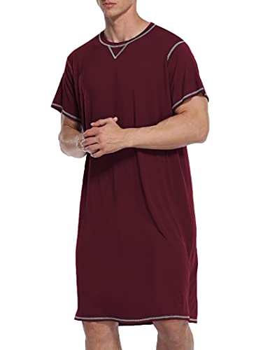 Ekouaer Male Sleepshirt Henley V Neck Oversize Summer Nightshirts Sleep Gown, Wine Red, Large #TOP2