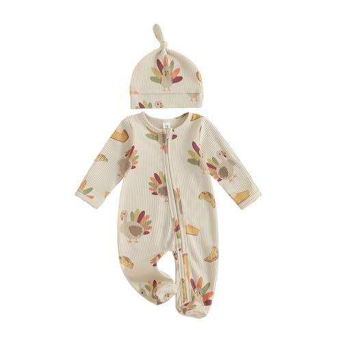 VSQWLZT Newborn Infant Baby Boy Thanksgiving Outfit Turkey Footed Onesie Waffle Knit Long Sleeve Romper + Hat (Khaki Newborn)