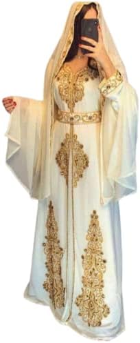 Moroccan White Dubai Kaftans Abaya Dress Very Fancy Long Modern Farasha Gown Islamic Dress by ZARI Works (L)
