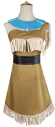 TRACYCY Costume da Pocahontas con Collana Donna Cosplay Principessa Indiana Pocahontas Vestito e Cinture Set 3 Pezzi per Adulta Halloween Carnevale Compleanno Fancy Dress Festa