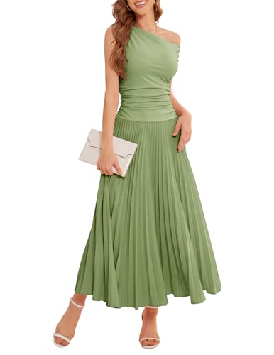 Bbonlinedress Vestido de cóctel largo plisado con un hombro descubierto, formal, para invitada de boda, verano, diario, fiesta, verde ( Bean Green ), Large