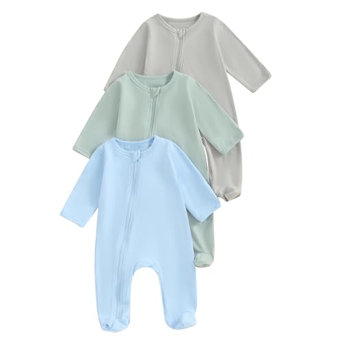 Image of Merqwadd Baby Girl Zipper Pajama Footies 3 Pack Cotton Sleeper Coming Home Infant Clothes (Grey/Green/Blue,0-3 Months)