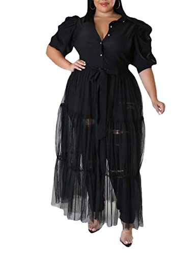 Sunlips Women's Sexy Plus Size Lapel Shirt Dresses Mesh See Through Puff Short Sleeve Flowy Swing Dress Clubwear