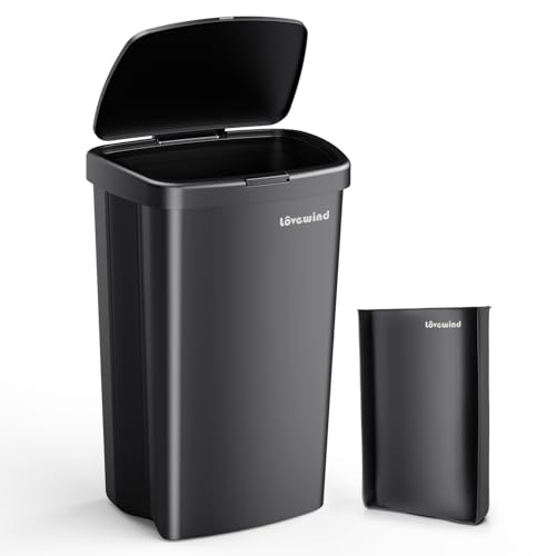 lovewind Cubo de basura de plástico de 45 l, color negro, con tapa abierta a presión y almacenamiento plegable, para cocina interior, hogar, patio