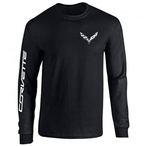 Corvette Long Sleeve T-Shirt - C7 Logo with Corvette Script on Sleeve (X-Large, Black)