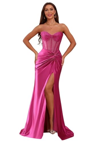 Strapless Prom Dress for Women 2025 Long Satin Rhinestone Formal Gowns with Slit LN704