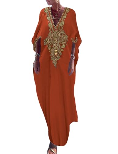 Bsubseach Gold Embroidery Long Kaftan Dresses V Neck Caftan Dress Beach Cover Up for Women Rust Red