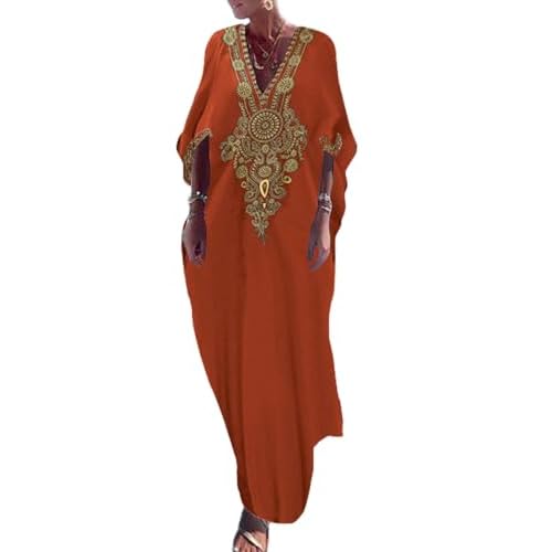 Bsubseach Gold Embroidery Long Kaftan Dresses V Neck Caftan Dress Beach Cover Ups for Women Embroidery X-rust Red