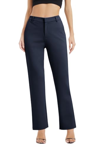 EXCHIC Damen Business Gerade Bein Elastischer Bund Anzug Hosen Casual Komfortabel Bootcut Freizeithose mit Taschen(M, Marineblau)