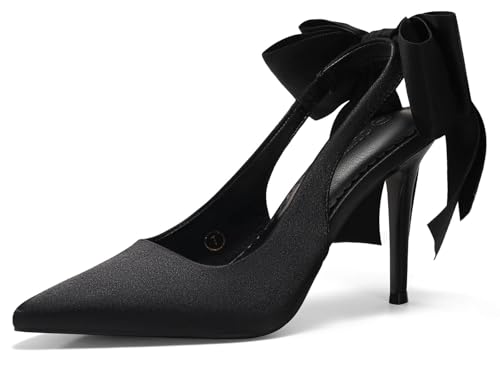 Image of Coutgo Womens Slingback High Heels with Bow Closed Pointed Toe Wedding Bride Dress Shoes Satin Pumps