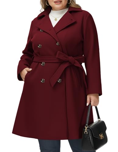 Image of Hanna Nikole Women Plus Size Notch Lapel Double Breasted Mid-Long Wool Blend Coat Wine Red 20 Plus