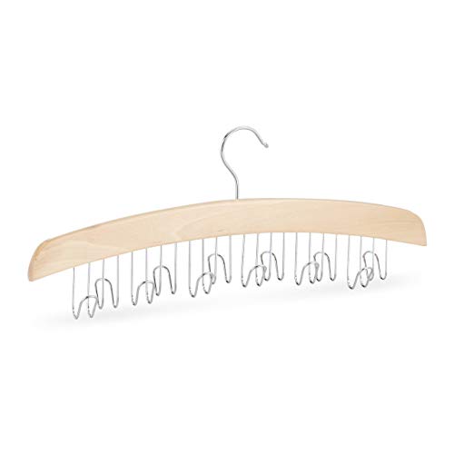 Relaxdays Organizador Cinturones con 12 Ganchos, Madera de Loto y Metal, Marrón/Plateado, 1 Unidad