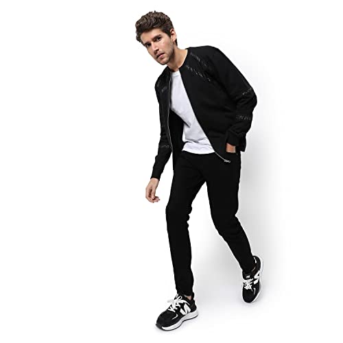 Image of Campus Sutra Men's Black Solid Regular Fit Cotton Jacket For Winter Wear | Round Neck Collar | Full Sleeve | Zipper | Casual Jacket For Man | Western Stylish Jacket For Men