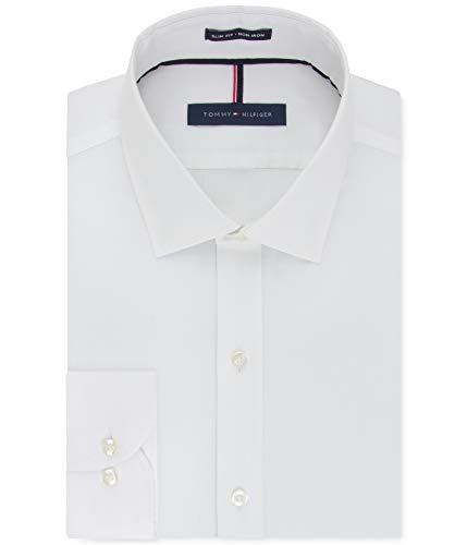 Tommy Hilfiger Men's Dress Shirt Slim Fit Non Iron Solid, White, 15.5' Neck 32'-33' Sleeve