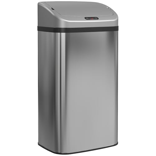 HOMCOM Cubo de Basura Cocina Automático 48 L, Papelera de Cocina de Acero Inoxidable, Sensor Infrarrojo, Cierre Automático, Antihuellas, para Dormitorio, Oficina, Plata