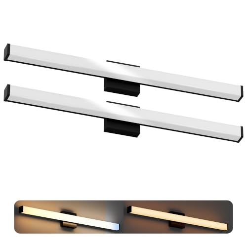 Image of 36 Inch Bathroom Vanity Light Fixtures with Night Light: Long Square Wall Mounted LED Lighting Bar Over Mirror with 5CCT & 2200K Color Changing, 120V, 1800-2060lm, ETL, Matte Black, 2 Packs