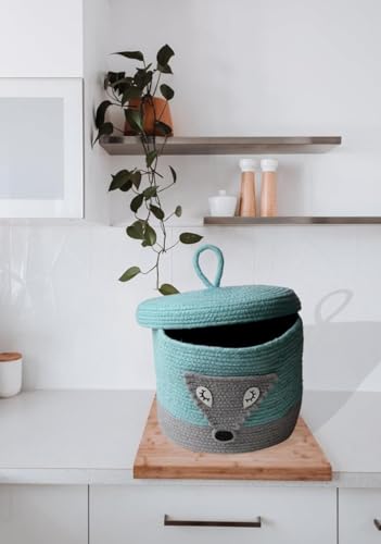 Image of Aroma Brand Kids Lid Hamper with Beautiful Characters - Rope Storage Hamper for Baby Diaper, Stuffed Animal Storage Bin Rope Hamper for Kids Toy, Baby Laundry Baskets with Lid (Sea Green Fox)