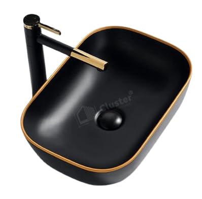 Image of CLUSTER Designer Matt Ceramic Table Top /Counter Top /Wash Basin For Bathroom And Livingroom Decor, Black And Golden Border, Rectangular, 455x320x135 MM