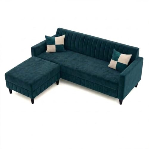 Image of FURNY Gracina 5 Seater L Shape Sofa Set with Movable Ottoman | Flexible Left or Right Layout | Plush Velvet Fabric (Greenish Teal) | Perfect for Living Room, Guest Room & Office