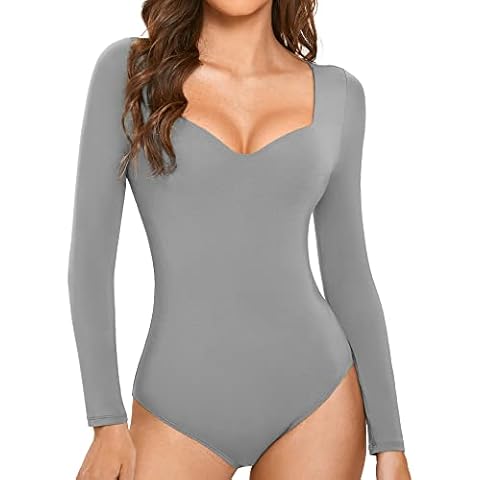 INLYRIC Women's Sweetheart V Neck Long Sleeve Bodysuit with Built in Bra Tops Shirts Basic Bodycon Stretchy Jumpsuits Neutral Gray 8 Cover