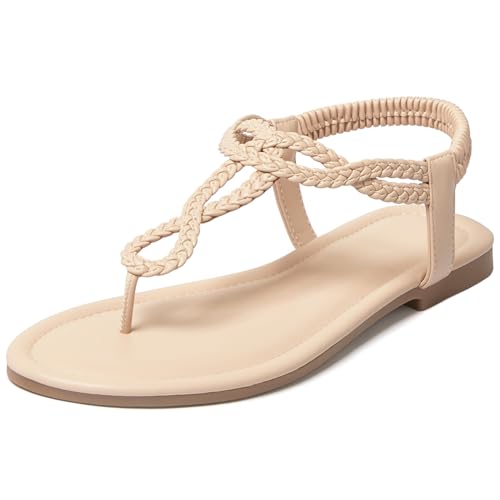 Image of iCKER Womens Braided T‑Strap Flat Sandals Elastic Stretch Ankle Strap | Boho cute casual lightweight and comfort matches dresses for beach vacation