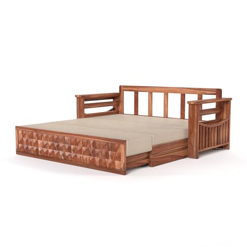 Image of Mamta Furniture Solid Sheesham Wood Sofa Set 3 Seater Furniture Wooden 3 Seater Sofa Cums Bed for Home Living Room with Cushions (Honey with Cream, 3 Seater Design 2)