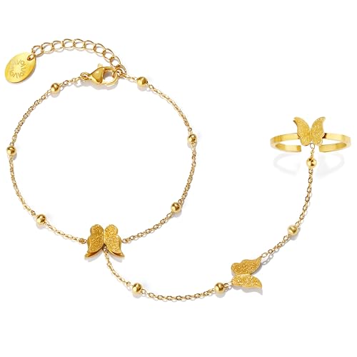 18K Gold PVD Coated Stainless Steel Butterfly Hand Chain Bracelet Ring Set, Adjustable
