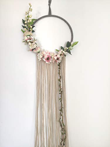 RISEON Handmade 32" Long Large Tassel Dream Catcher Wall Hanging Decoration Macrame Fringe Floral Flower Wreath Dreamcatcher Boho Home Decor Ornament Gift (Peach)