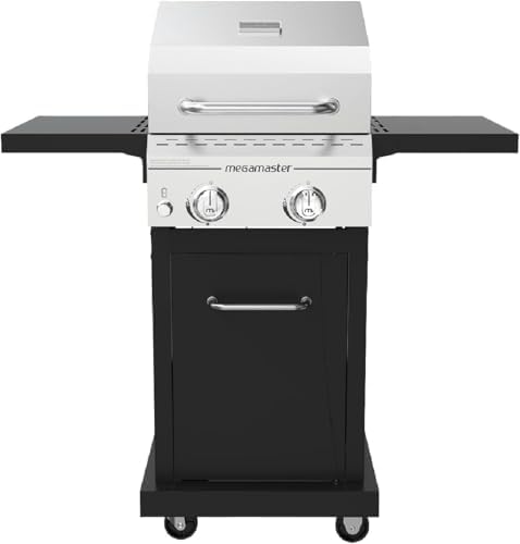 Megamaster Deluxe 2-Burner Gas Grill with Foldable Side Tables, 418 SQ In Cooking Space, 28000 BTUs, Stainless Steel Lid, Propane BBQ Grill for Outdoor Cooking, Patios, Backyards and More - 720-0864MA