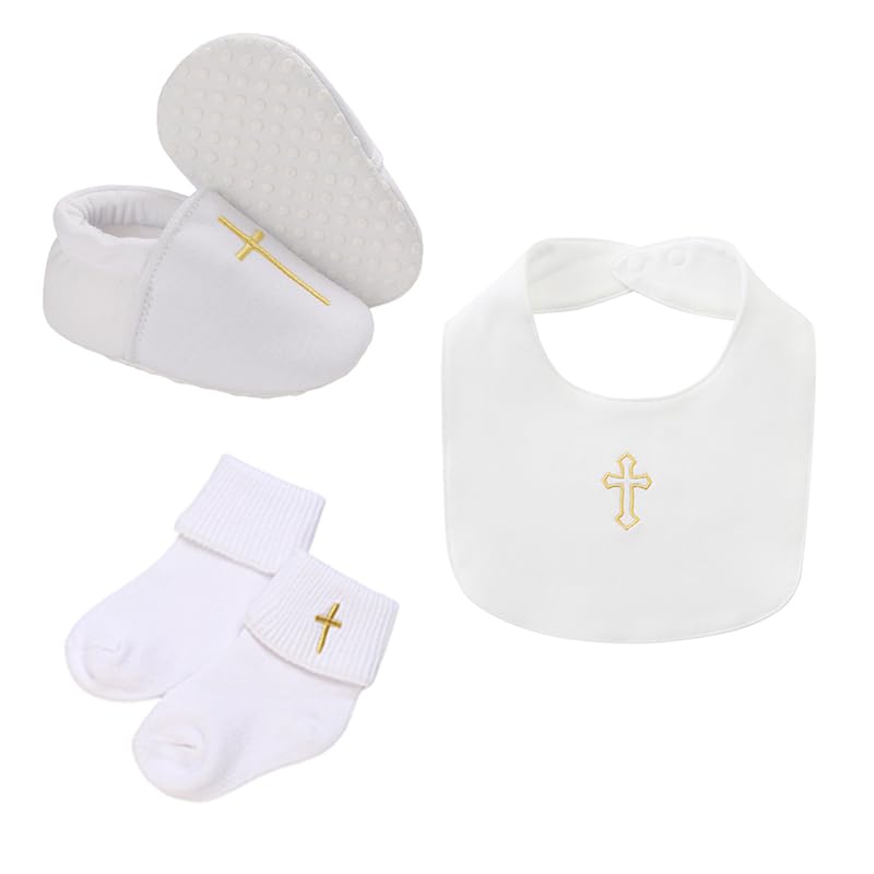 Baby Baptism Cross Sneaker Shoes & Socks, White Christening Baptism Sets for Baby,3Pcs