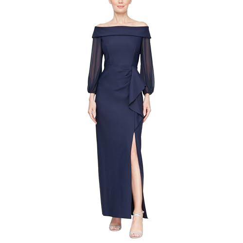 Alex Evenings Women's Long Off The Shoulder Mother of The Bride Dress with Illusion Sleeves, Cascade Ruffle & Front Slit