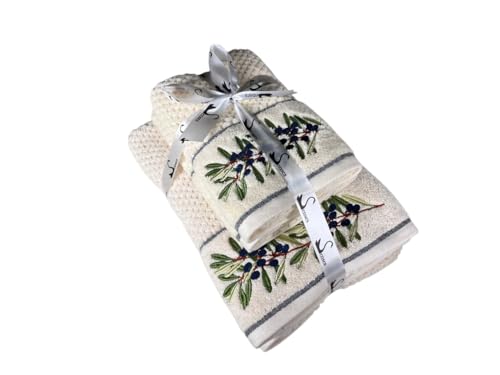 Image of SENSES By Riba Cotton Embroidered Towel Set, 550 GSM Soft & Absorbent, Antimicrobial, Oeko-Tex Certified | Ideal for Home & Gifting, Pack of 4 (2 Bath 27 inchX50 inch + 2 Hand Towels 16 inchX26 inch) - Style 17