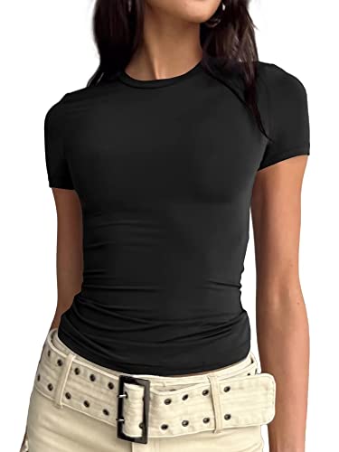 Women Y2k Basic Short Sleeve Top Slim Fitted Baby Tee Round Neck Skim Dupe Crop Top Blouse Aesthetic Streetwear (A-a-Black, L)