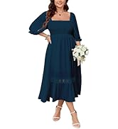 SCOMCHIC Women's Plus Size Maxi Dress Short Sleeve Square Neck Smocked Flowy A-Line Lace Trim Boh...