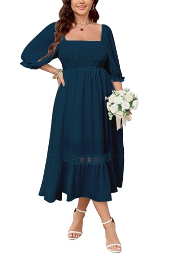 Image of SCOMCHIC Women's Plus Size Boho Maxi Dress Short Sleeve Square Neck Smocked Flowy A-Line Lace Trim Wedding Guest Dresses