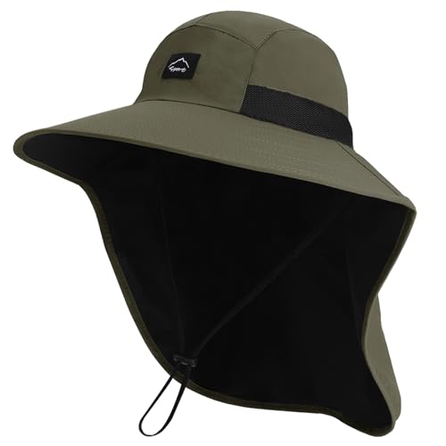 Image of Rosoz Outdoor Sun Hat for Men Women, UPF50+ Protection Safari Cap Wide Brim Mesh Fishing Hat with Neck Flap Beach Garden