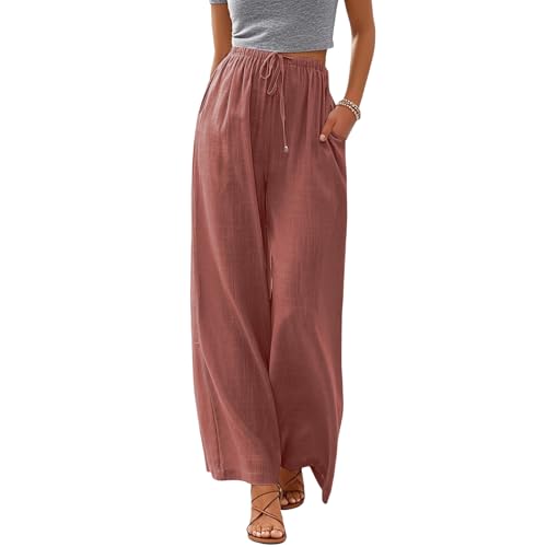 Women's Linen Summer Palazzo Pants Flowy Wide Leg Beach Pants with Pockets