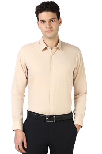 Image of Peter England Men's Premium Solid Herringbone Regular Fit Full Sleeve Formal Shirt | Wonder Fabric | Cotton Rich