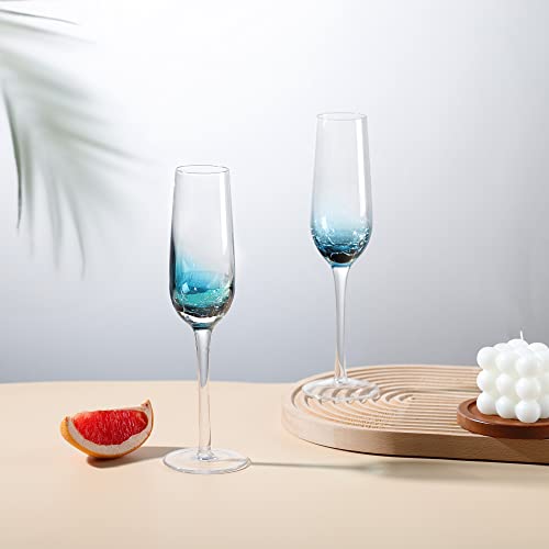 Joeyan Blue Crackle Champagne Flutes Glasses Set of 2, 200ml Unique Handmade Aesthetics Glassware Art Decoration - Image 2