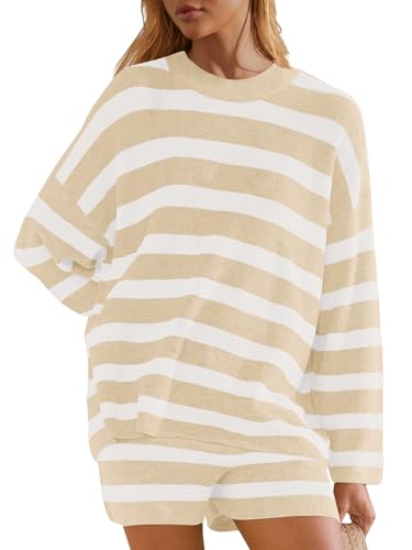 Image of Panadila Womens Striped Sweater Set Oversized Lounge Sets Matching Pajamas Long Sleeve Sweater Top and Shorts