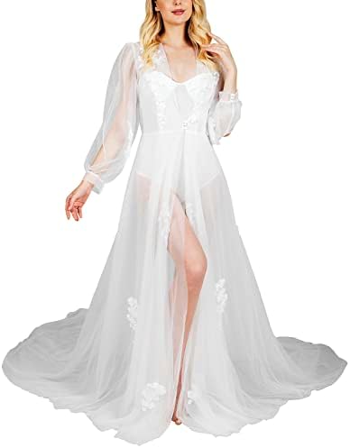 HHQ White Bridal Robe Womens Long Tulle Dress Lace Sheer Bride Nightgown Floor Length Bathgown for Wedding Day Boudoir Maternity Photoshoot (Large)