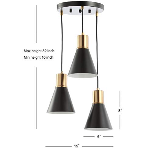 Image of JONATHAN Y Apollo Mid-Century 3-Light Pendant 15 inch, Black /Brass Gold | Modern, Adjustable Height, Metal Cone Shade, Kitchen Island, Hallway, UL Listed, Slope-Compatible, LED Bulb Included