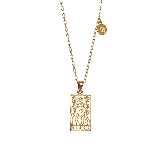 Delicate Double-Sided Carved Tarot Cards Horoscope Astrology Zodiac Sign Pendant Necklace Golden Stainless Steel 12 Constellation Chain Necklace for Women Teens Friendship Jewelry Gift (Virgo)
