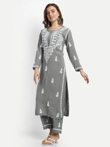 Image of BHARVITA Women's Cotton Blend Lucknowi Embroidered Chikankari Straight Kurta, with Pant Set