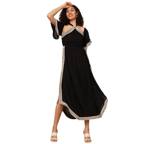 Image of DEEBACO Women's Solid Rayon Slit Ankle Length A-Line Dress|Sleeveless|Halter Neck|Casual Trending Fashion Long One Piece Dresses Women Western