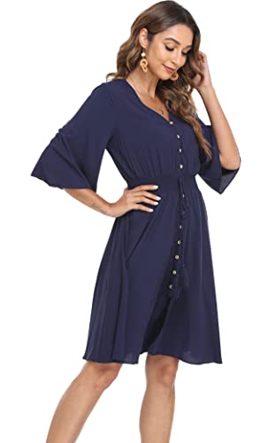 Image of VintageClothing Women's Floral Sundresses Flowy Boho Summer Beach Dress | Lightweight Breathable material,Elegant V Neck and Button Front Design,Flared Bell Sleeve Cut,Mini Casual dress