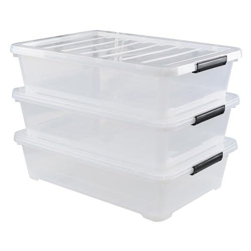 Gloreen 3-Packs Plastic Underbed Storage Bins with Lids, 40 Quart Latch Storage Box
