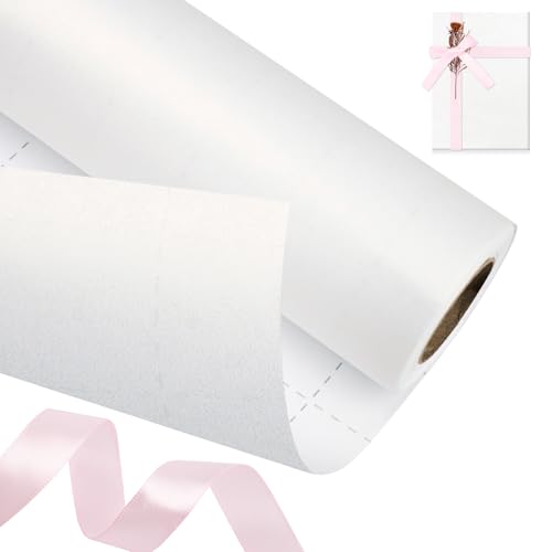 White Wrapping Paper Roll 43cm X 10m with 2m Packaging Ribbons Solid Color Pearly-Lustre Gift Matte Wrap Paper Perfect for Wedding Valentines Day Christmas Birthday Baby Shower